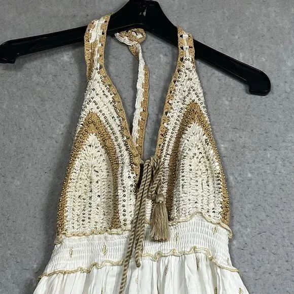 Zury Maxi Dress V-neck Caftan White BOHO Paisley Embroidered Women’s Free Size - Picture 2 of 10